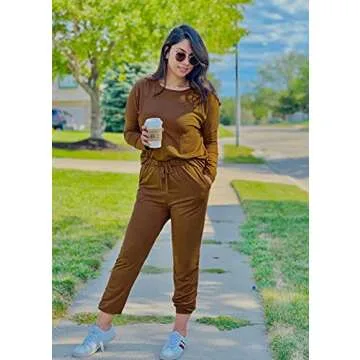 PRETTYGARDEN Women's Fall 2 Piece Lounge Outfit Long Sleeve Crewneck Pullover Tops High Waisted Pants Set Tracksuit (Light Brown,Large)