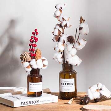 DomeStar Cotton Stems, Natural Dried Cotton 8 Packs Total 15 Bolls Cotton Sprigs Cotton Blooms Floral Stems for Vase Fillers