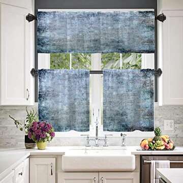 BaoNews Blue Grey Abstract Weathered Wall Kitchen Valances for Windows,Handmade Grunge Texture Blackout Valances Curtains Multilayer Polyester Drapes for Kitchen Bedroom 2 Pack 52X16 Inches