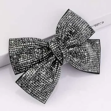 AHONEY Black Rhinestone Hair Bow Clip - Sparkly Hair Accessory