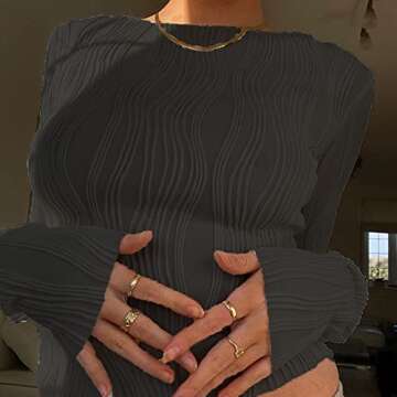 ABYOVRT Women Sexy Textured Crop Tops Long Sleeve Ruched Slim Fit T-shirts Going Out Cropped Tee Club Streetwear(A-Black,Small)