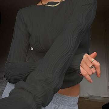 ABYOVRT Women Sexy Textured Crop Tops Long Sleeve Ruched Slim Fit T-shirts Going Out Cropped Tee Club Streetwear(A-Black,Small)