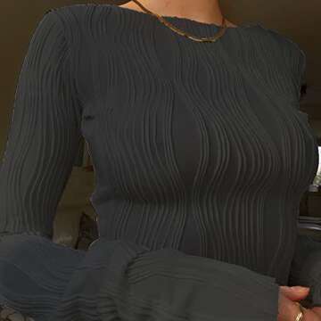 ABYOVRT Women Sexy Textured Crop Tops Long Sleeve Ruched Slim Fit T-shirts Going Out Cropped Tee Club Streetwear(A-Black,Small)