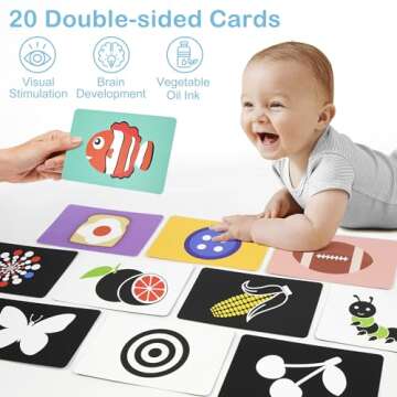 LotFancy Baby Sensory Flash Cards & Activity Book Set - 20 Infant Visual Stimulation Cards Foldable Hanging Cloth Mirror Card & 3D Tail Crinkle Book - Newborn Learning Toys 0-6-12 Months