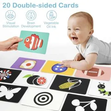 LotFancy Baby Sensory Flash Cards & Activity Book Set - 20 Infant Visual Stimulation Cards Foldable Hanging Cloth Mirror Card & 3D Tail Crinkle Book - Newborn Learning Toys 0-6-12 Months