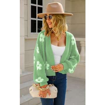 ECOWISH Women Floral Cropped Cardigan: Fall Long Sleeve Open Front Fuzzy Daisy Print Knit Sweaters C...