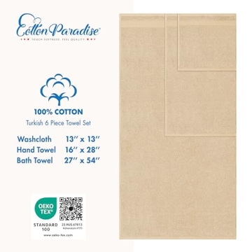 Cotton Paradise 6 Piece Towel Set, 100% Cotton Soft Absorbent Turkish Towels for Bathroom, 2 Bath Towels 2 Hand Towels 2 Washcloths, Beige Towel Set