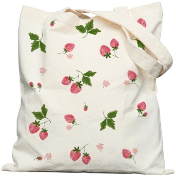 EFFUSON Tote Bag, Canvas Aesthetic Cottagecore Strawberry Tote Bag for Women with Pocket & Snap Clos...