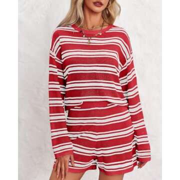 Langwyqu Womens Striped Pajama Sets Long Sleeve Crewneck Sweater Top and Shorts 2 Piece Outfits Lounge Sets Red