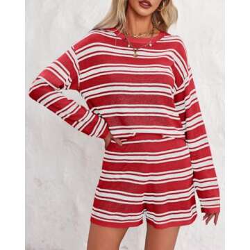 Langwyqu Womens Striped Pajama Sets Long Sleeve Crewneck Sweater Top and Shorts 2 Piece Outfits Lounge Sets Red