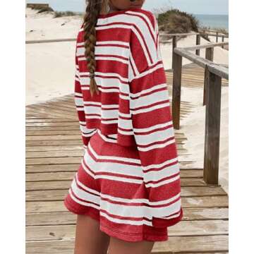 Langwyqu Womens Striped Pajama Sets Long Sleeve Crewneck Sweater Top and Shorts 2 Piece Outfits Lounge Sets Red