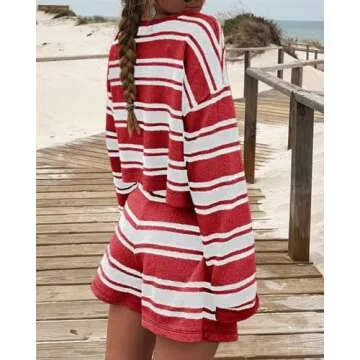 Langwyqu Womens Striped Pajama Sets Long Sleeve Crewneck Sweater Top and Shorts 2 Piece Outfits Lounge Sets Red