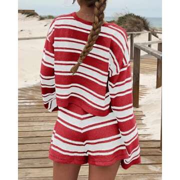 Langwyqu Womens Striped Pajama Sets Long Sleeve Crewneck Sweater Top and Shorts 2 Piece Outfits Lounge Sets Red