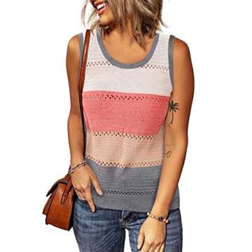 Zecilbo Womens V Neck Sleeveless Colorblock Knit Top Shirts Oversized Sleeveless Cami Tanks Multicolor, Small