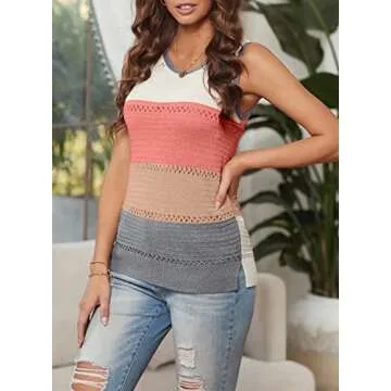 Zecilbo Womens V Neck Sleeveless Colorblock Knit Top Shirts Oversized Sleeveless Cami Tanks Multicolor, Small