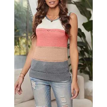 Zecilbo Womens V Neck Sleeveless Colorblock Knit Top Shirts Oversized Sleeveless Cami Tanks Multicolor, Small