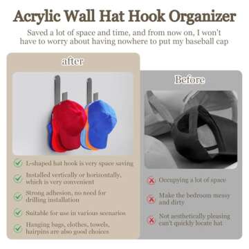 4Pack Acrylic Hat Hooks for Wall, Multi-Purpose Acrylic Hat Organizer, Wall Mounted Hat Hooks, Stron...