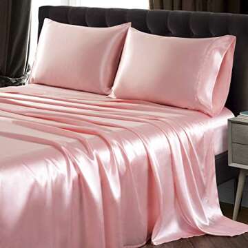 SiinvdaBZX 4Pcs Satin Sheet Set Queen Size Ultra Silky Soft Blush Pink Satin Queen Bed Sheets with D...