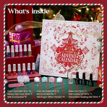 Beetles Gel Nail Polish Set,14+3 Colors Beauty Advent Calendar 2024 Box Red Green Pink Gold Silver Glitter Glow In The Dark Nail Polish Glitter Top Coat Spring Gel Polish Gift for Women Grils