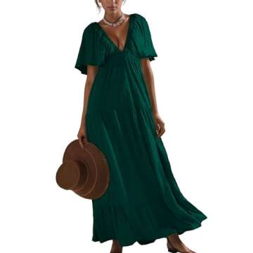 Kikibell Casual Dresses for Women Maxi Dresses Summer Clothes Formal Maxi Dress with Sleeves FP Romper Dupes Dark Green L