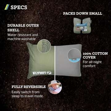 Klymit Drift Camping Pillow, Shredded Memory Foam Travel Pillow with Reversible Cover for Outdoor Use, Green, Regular