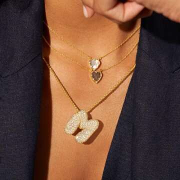 KissYan Bubble Letter Necklace, 14K Gold Plated Balloon Initial Pendant Box Chain Necklace Dainty Pave CZ Jewelry Gift for Women(Gold A)