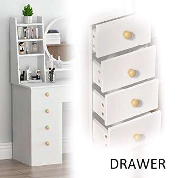 FUFU&GAGA White Vanity Set with Round Mirror, Makeup Vanity Dressing Table with 5 Drawers, Shelves, ...
