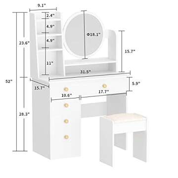 FUFU&GAGA White Vanity Set with Round Mirror, Makeup Vanity Dressing Table with 5 Drawers, Shelves, Dresser Desk and Cushioned Stool