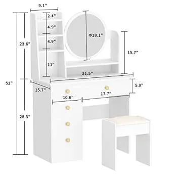 FUFU&GAGA White Vanity Set with Round Mirror, Makeup Vanity Dressing Table with 5 Drawers, Shelves, Dresser Desk and Cushioned Stool