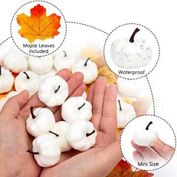 HAKACC Artificial Pumpkins, 40 PCS White Fake Pumpkins Lifelike Faux Pumpkins Mini Pumpkins with Maple Leaves for DIY Crafts Halloween Thanksgiving Fillers
