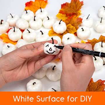 HAKACC Artificial Pumpkins, 40 PCS White Fake Pumpkins Lifelike Faux Pumpkins Mini Pumpkins with Maple Leaves for DIY Crafts Halloween Thanksgiving Fillers