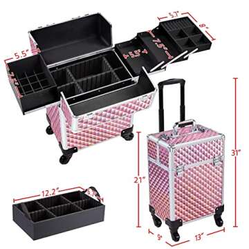 Yaheetech Rolling Makeup Train Case Professional Aluminum Cosmetic Case Large Space Makeup Trolley with 4 Detachable Removable Wheels, 4 Trays and 1 Cubby with Sliding Rail - Holographic Pink