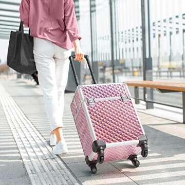 Yaheetech Rolling Makeup Train Case Professional Aluminum Cosmetic Case Large Space Makeup Trolley with 4 Detachable Removable Wheels, 4 Trays and 1 Cubby with Sliding Rail - Holographic Pink