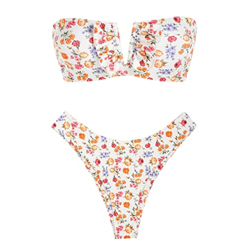 ZAFUL Women's Floral Ribbed V Wired Lace Up Ruffle Tie High Leg Bandeau Swimsuits Bikini Set