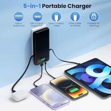 Portable Charger for iPhone with Built-in Cables and Wall Plug