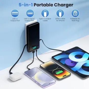 Portable Charger for iPhone with Built-in Cables and Wall Plug