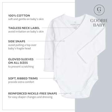 Baby Side Snap Bodysuit Set, Long Sleeve Cotton Boy Girl Kimono Onesie, 4 Pack - White-Long Sleeve, 6-12 Months