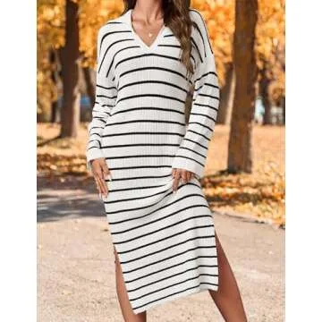 ZESICA Women’s Spring Striped Sweater Dresses Casual Long Sleeve Lapel V Neck Knit Side Slit Midi Dress,Ivory,Medium