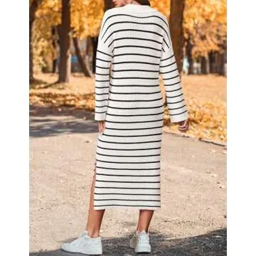 ZESICA Women’s Spring Striped Sweater Dresses Casual Long Sleeve Lapel V Neck Knit Side Slit Midi Dress,Ivory,Medium