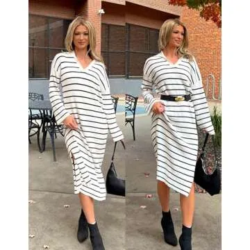 ZESICA Women’s Spring Striped Sweater Dresses Casual Long Sleeve Lapel V Neck Knit Side Slit Midi Dress,Ivory,Medium