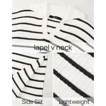 ZESICA Women’s Spring Striped Sweater Dresses Casual Long Sleeve Lapel V Neck Knit Side Slit Midi Dress,Ivory,Medium