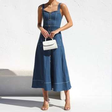 Denim Dress for Women Sleeveless Button Down Slim Fit Midi Jean Dresses Dress V Neck Long Dresses