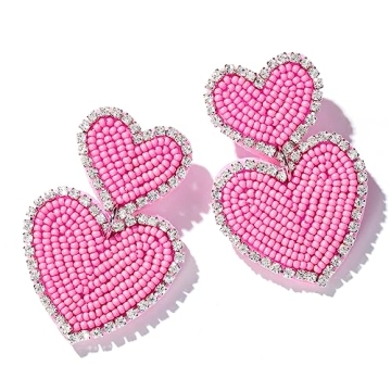 Beaded Heart Shaped Earrings - Handmade Statement Heart Dangle Earrings Gift for Valentine's Day and...