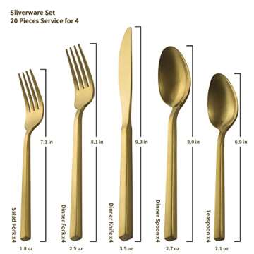 Alata Cube Gold 20-Piece Flatware Set, Forged Cutlery Set, Matte Gold Silverware Service for 4, Stainless Steel Tableware with Square Handle for Home/Restaurant, Dishwasher Safe