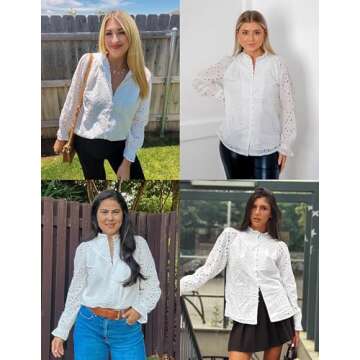 ZESICA Women's Casual Blouse - Puff Long Sleeve V Neck Eyelet Lace Shirt