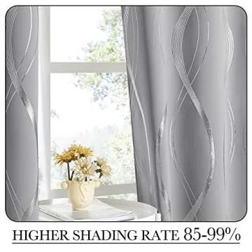 NICETOWN Blackout Curtains 95 inches Long, Foil Printed Wave Lines Energy Saving Thermal Insulated Solid Grommet Blackout Draperies for Patio Hall Studio (1 Pair, 52 inches by 95 inches, Silver Grey)
