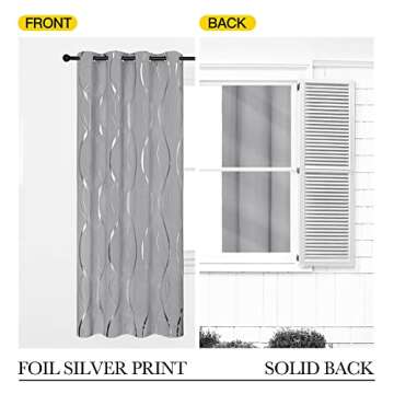 NICETOWN Blackout Curtains 95 inches Long, Foil Printed Wave Lines Energy Saving Thermal Insulated Solid Grommet Blackout Draperies for Patio Hall Studio (1 Pair, 52 inches by 95 inches, Silver Grey)