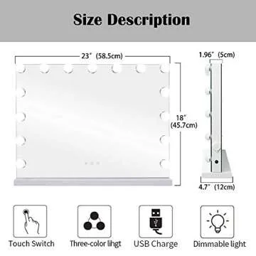 Zdorzi Vanity Mirror Makeup Mirror with Lights,Large Hollywood Lighted Vanity Mirror with 15 Dimmable LED Bulbs,3 Color Modes,Touch Control for Dressing Room & Bedroom,Tabletop or Wall-Mounted (23in)
