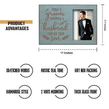 Yudarte Today A Groom,Tomorrow A Husband,Forever Your Son Carved Picture Frames - Engraved Teal Wood Photo Frame 4x6 Inches - Father Mother Parents of the Groom Wedding Gift