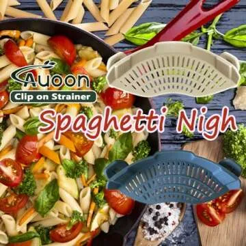 AUOON Clip On Strainer Silicone for All Pots and Pans, Pasta Strainer Clip on Food Strainer for Meat Vegetables Fruit Silicone Kitchen Colander (Fog Blue)